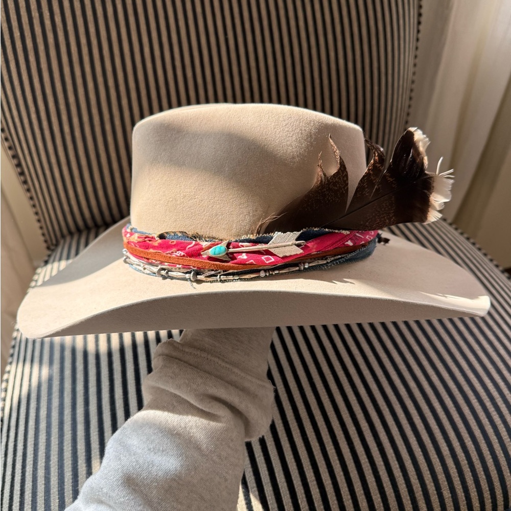 Kemo Sabe Stetson Cowboy Hat with Bandana, Turquoise Pin, and Feather